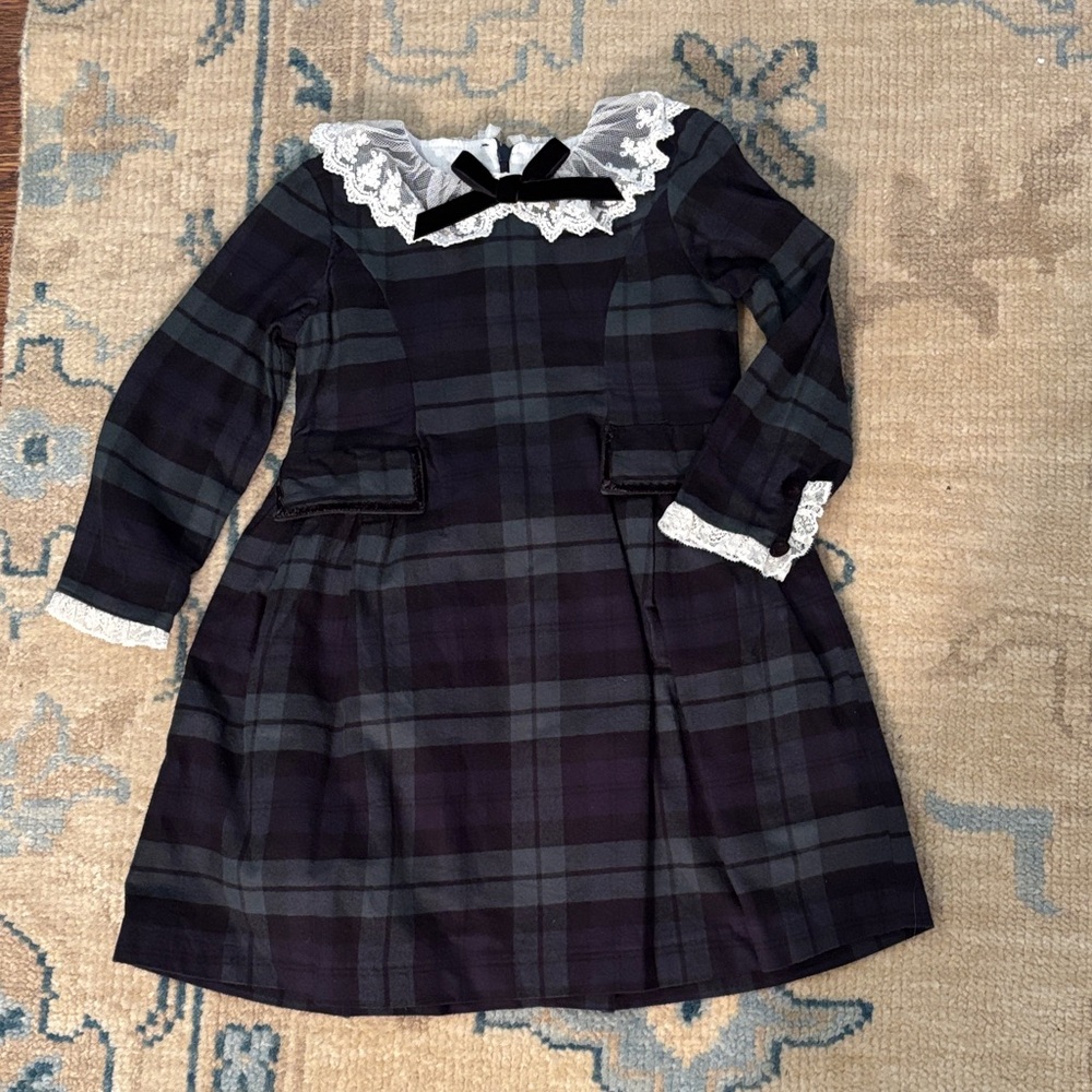 Plaid Lace Collar Dress with Velvet Bow